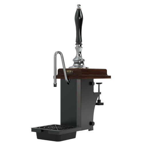 Elegant countertop beer dispenser with chrome tap and wooden base for home brewing.