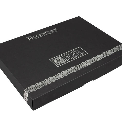 Elegant black chess set box featuring Isle of Lewis Chessmen design