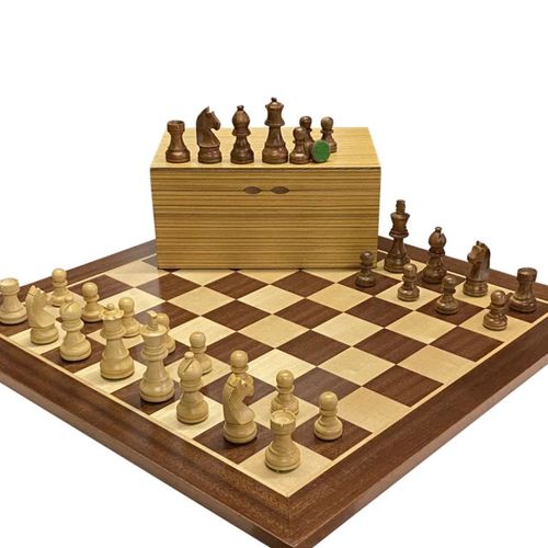 Elegant wooden chess set with pieces on a checkered board and storage box