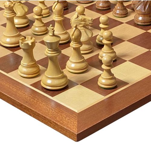 Elegant wooden chess set displaying pieces ready for play on a checkered board