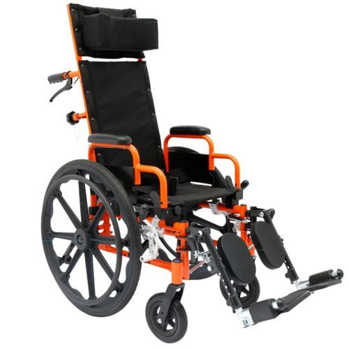 Adjustable orange and black wheelchair with footrests and head support for comfort and mobility.