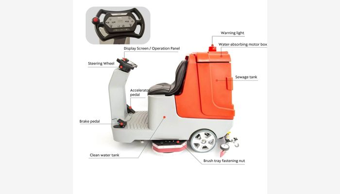 Compact floor cleaning machine with user-friendly operation panel and seating for easy maneuverability.