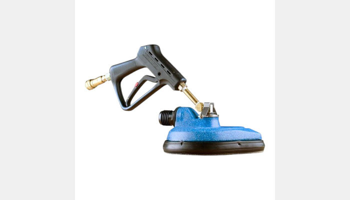 High-pressure washing attachment with a blue cleaning head and ergonomic handle for outdoor cleaning tasks