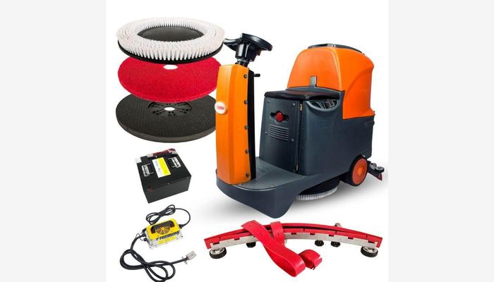 Advanced floor scrubber with interchangeable pads and accessories for efficient cleaning.