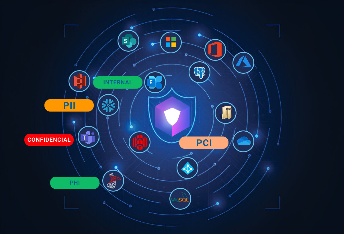 A visual representing data protection for various types of sensitive information (PII, PCI, Confidential, PHI) and platforms.