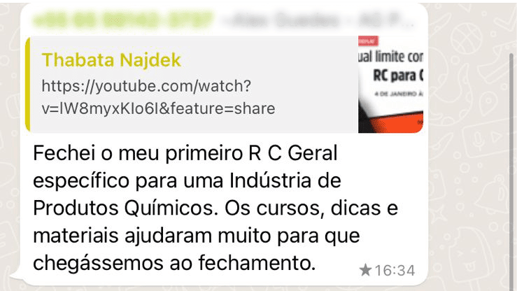 Fechei o meu primeiro R C Geral específico para uma Indústria de Produtos Químicos. Os cursos, dicas e materiais ajudaram muito para que chegássemos ao fechamento.