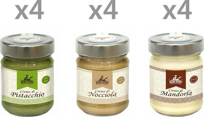 Creme spalmabili 12 vasetti misti da 90 gr: 4 Crema di Pistacchio - 4 Crema di Nocciola - 4 Crema di Mandorla
