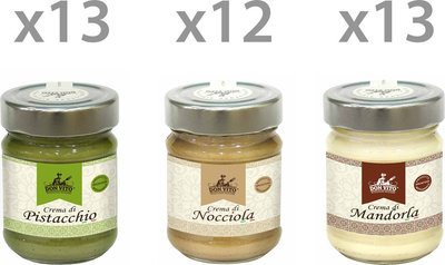 Creme spalmabili 38 vasetti misti da 40 gr: 13 Crema di Pistacchio - 13 Crema di Mandorla - 12 Crema di Nocciola