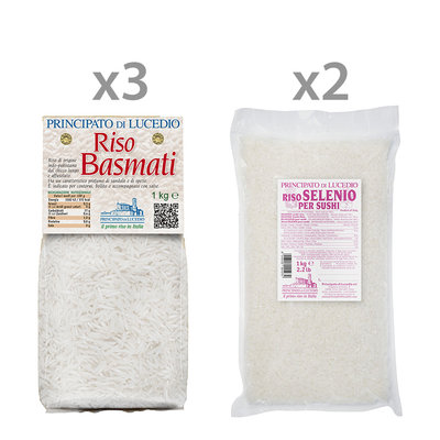 Riso 5 confezioni miste da 1 kg: 3 Riso Basmati - 2 Riso Selenio per Sushi