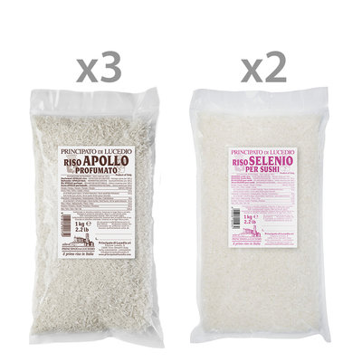 Riso 5 confezioni miste da 1 kg: 3 Riso Apollo Profumato - 2 Riso Selenio per Sushi