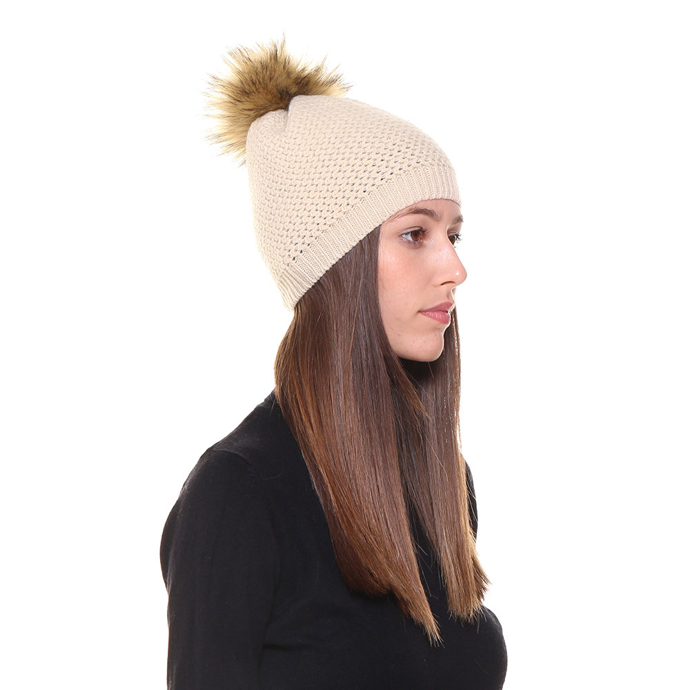 Cappello con pon pon avorio - 95% CASHMERE