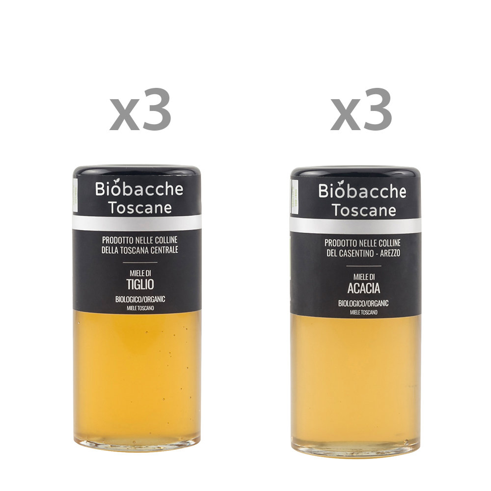 6 vasetti misti da 135 gr: 3 Miele di Tiglio - 3 Miele di acacia delle colline del Casentino