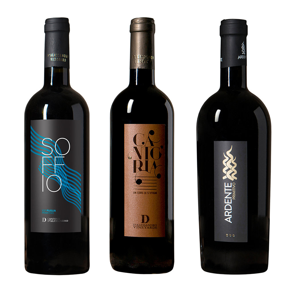 3 bottiglie miste: ''Soffio'' Primitivo - ''Cantoria'' Rosso - ''Ardente'' Primitivo IGP Puglia