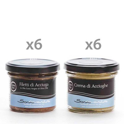 Selezioni miste Box 12 vasetti: 6 Crema di acciughe 90 gr - 6 Filetti di acciuga in olio evo 110 gr