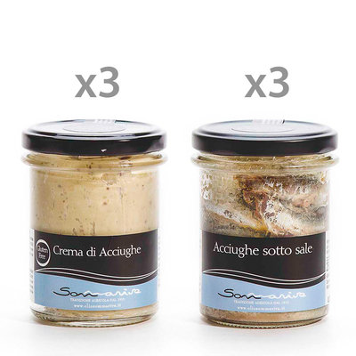 Selezioni miste Box 6 vasetti: 3 Crema di acciughe 170 gr - 3 Acciughe sotto sale 200 gr