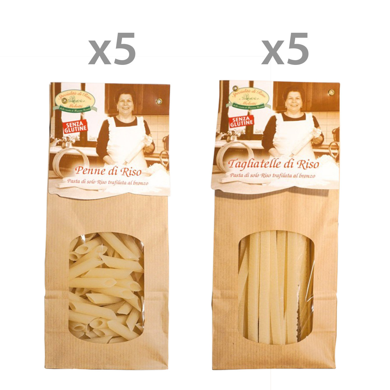 10 confezioni miste: 5 Penne di riso 250 gr - 5 Tagliatelle di riso 250 gr