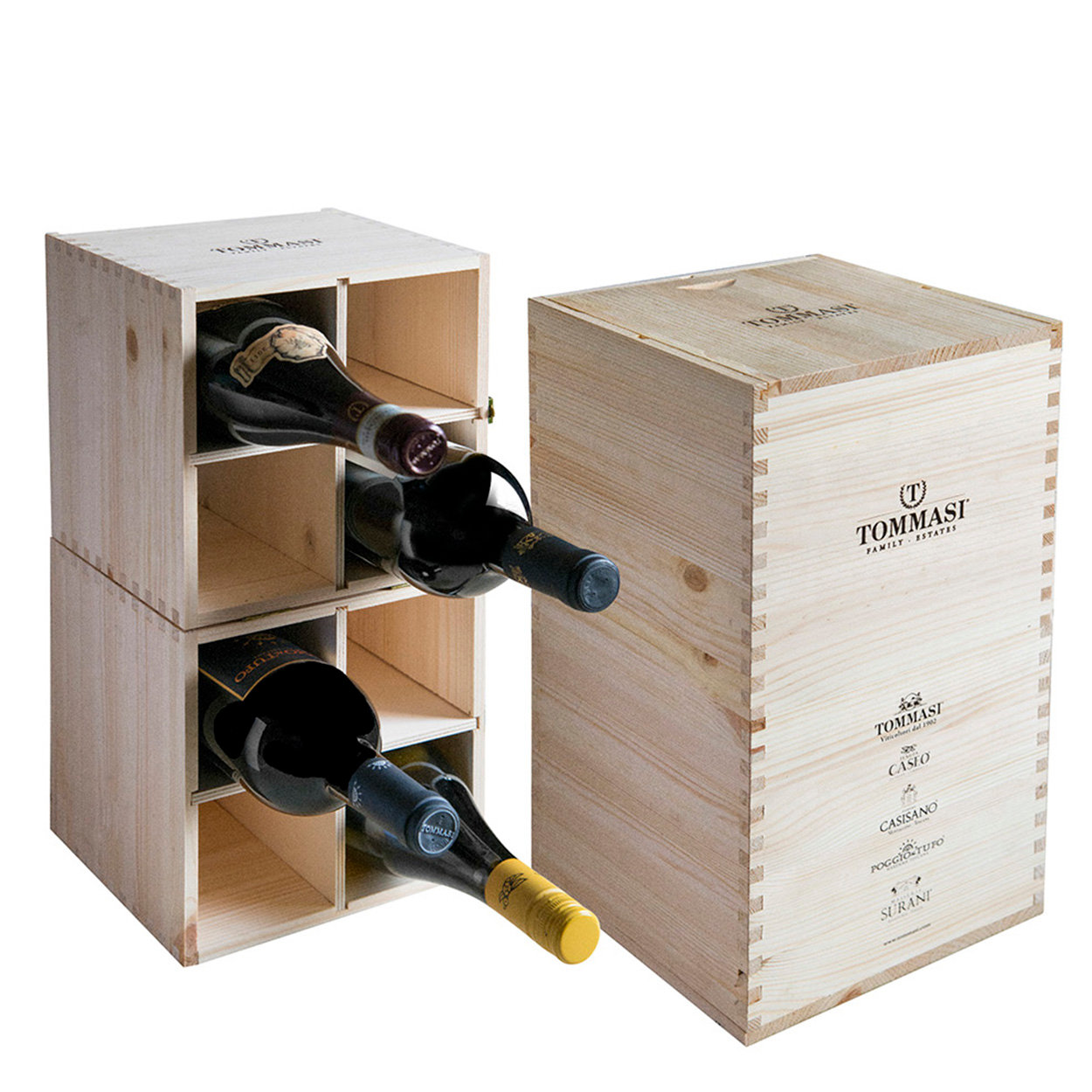 Image of Cantinetta idea regalo Tommasi: 1 Amarone 2018 - 1 Ripasso 2019 - 1 Crearo 2018 - 1 Arele 2019 - cassetta legno cantinetta