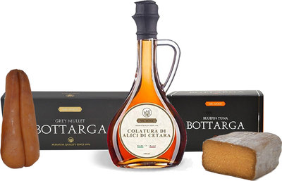 Selezioni miste «Selezione Mare Più»: Bottarga di Muggine Kosher Medium 120 gr - Bottarga di Tonno Rosso Kosher Large - Colatura di Alici di Cetara 100 ml