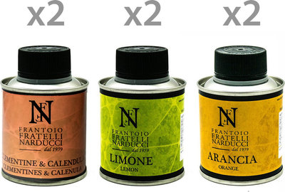Olio aromatizzato 6 bottiglie nebbia: 2 Olio EVO alle Clementine & Calendula - 2 Olio EVO al Limone - 2 Olio EVO all'Arancia
