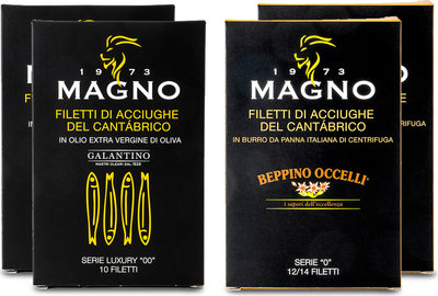 Alici & Acciughe 4 confezioni Filetti di acciughe del Cantabrico: 2 Serie Luxury "00" in olio EVO - 2 in burro Beppino Occelli