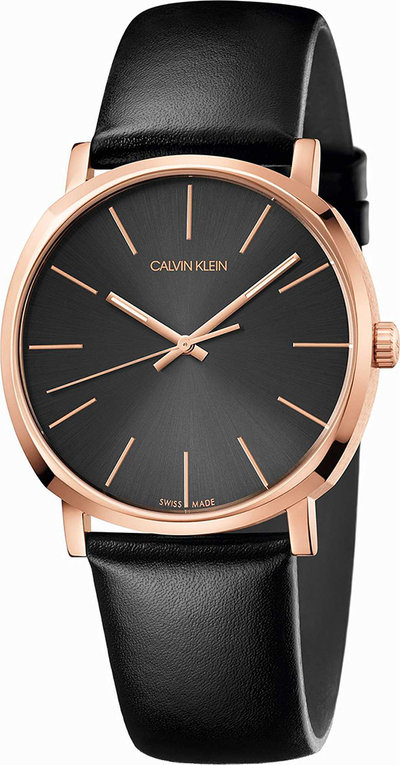 Orologi Orologio da Polso Calvin Klein con cinturino in pelle nera con quadrante nero e cassa rosè