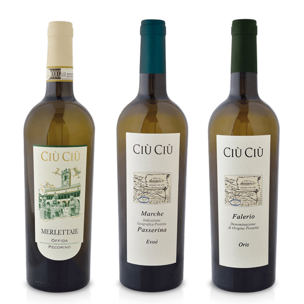 Image of 3 bottiglie miste: "Merlettaie" Offida DOCG Pecorino 2021 - "Evoè" Marche IGP Passerina 2021 - "Oris" Falerio DOP 2021