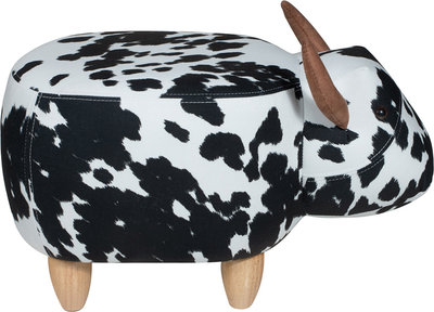 Poufs et Bancs Pouf rembourré en tissu et bois - taureau, blanc/noir