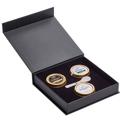 Caviale Confezione Magnetic 3 scomparti 30 gr con 1 cucchiano in madreperla: Tradition Royal - Oscietra Classic - Da Vinci Classic