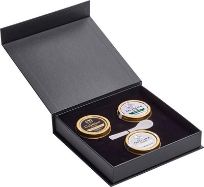 Caviale Confezione Magnetic 3 scomparti 30 gr con 1 cucchiano in madreperla: Tradition Royal - Oscietra Classic - Da Vinci Classic