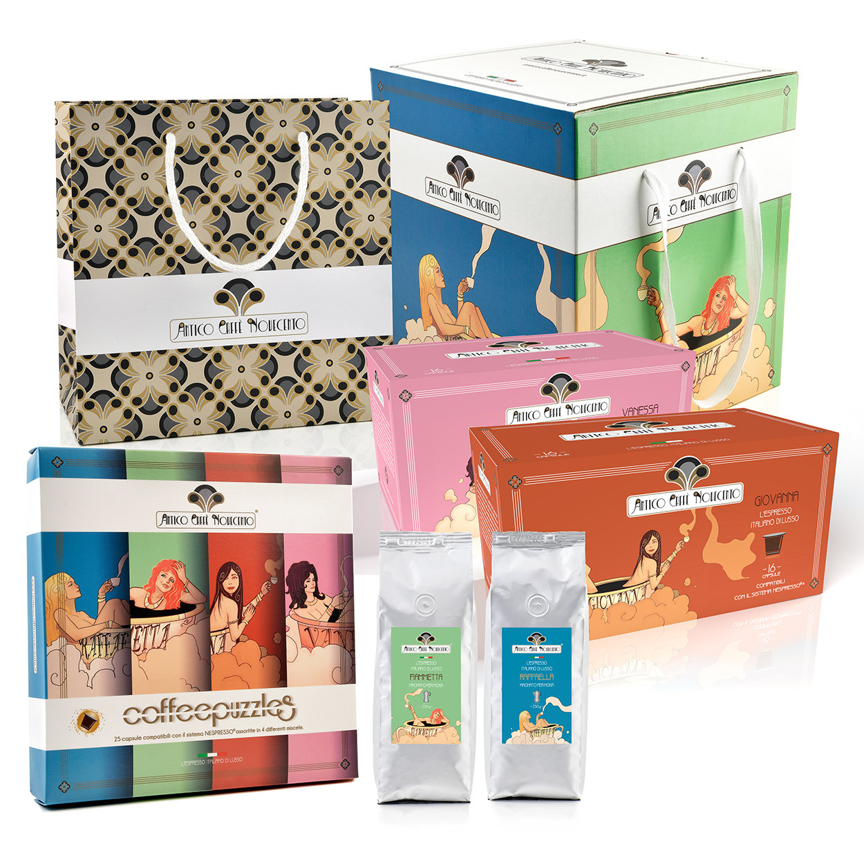 Image of Confezione assortita - 57 Capsule Espresso Italiano di Lusso Compatibili con il Sistema Nespresso® + 2 sacchetti da 250 Gr di Caffè Macinato per Moka