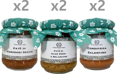 Creme & patè 6 vasetti misti 200 gr:2 Patè di Patè di Pomodoro Secco - 2 Patè di Olive Verdi e Melanzane - 2 Condifrisa Salentino