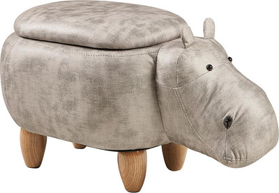 Poufs et Bancs Pouf rembourré en simili cuir, bois - hippopotame blanc avec rangement