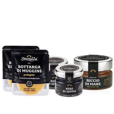Selezioni miste Box bottarga muggine, nero di seppia e polpa di riccio