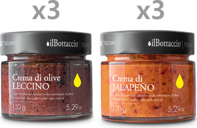 Creme & patè 6 vasetti misti 150 gr: 3 Crema di Olive Leccino - 3 Crema di Jalapeno
