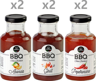 Salse 6 vasetti misti BBQ 290 gr: 2 BBQ1 Arancia e Pomodoro - 2 BBQ4 Grill (pomodoro e spezie) - 2 BBQ5 Peperoncino e Peperoni