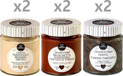 Creme & patè 6 vasetti misti: 2 Crema Parmigiano Reggiano e Tartufo 150 gr - 2 Bruschetta Pomodoro Funghi e Tartufo 130 gr - 2 Pesto Funghi e Tartufo 130 gr