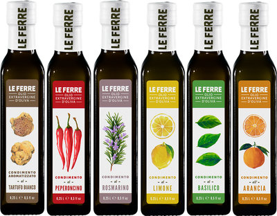 Olio aromatizzato 6 bottiglie - Condimento aromatizzato 0,25 lt: Tartufo Bianco - Peperoncino - Rosmarino- Limone-Basilico-Arancia