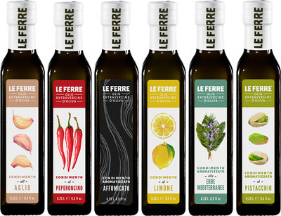 Olio aromatizzato 6 bottiglie - Condimento aromatizzato 0,25 lt: Aglio - Peperoncino - Affumicato- Limone-Erbe Mediterranee- Pistacchio