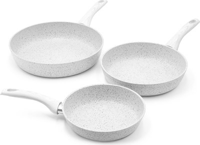 Padelle e pentole Set 3 pz., padelle ø 20, 24, 28 cm"Stonewhite" manici design legno bianco