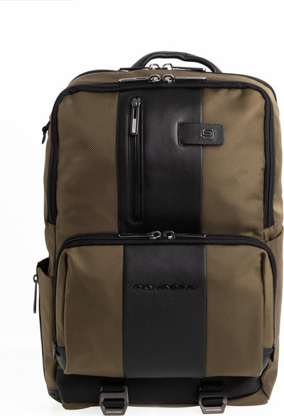 Zaini Zaino 2 comparti in tessuto e pelle porta computer e porta ipad® verde militare e nero