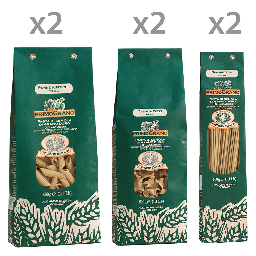 Mix 6 confezioni: 2 Sagne a pezzi primograno 100% abruzzese 500 gr - 2 Spaghettoni primograno 100% abruzzese 500 gr - 2 Penne rustiche primograno 100% abruzzese 500 gr