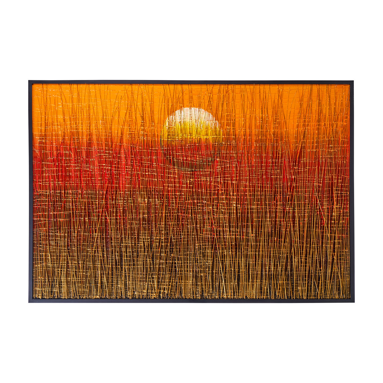 Image of quadro tramonto in palude sfondo arancio con cornice legno nera, arancio, oro