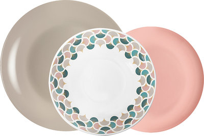 Servizi Tavola Linea Mitika - set tavola 18 Marabù, tortora/rosa