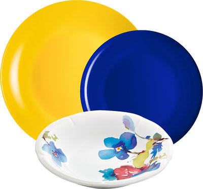 Servizi Tavola Linea Mitika - set tavola 18 Mitika, giallo/ blu e decoro anemoni