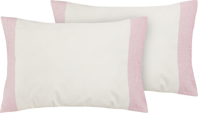 Cuscini e Federe Coppia Di Federe Con Volani Misto Lino Naturale Con Bordi Rosa Perla