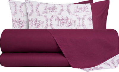 Biancheria Letto Completo letto Bifaccia in cotone Toile de Jouy Borgogna/Violaceo
