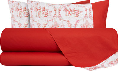 Biancheria Letto Completo letto Bifaccia in cotone Toile de Jouy Maldive/corallo