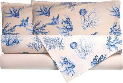 Biancheria Letto Completo Letto Cotone Allover Coralli Blu/Panna