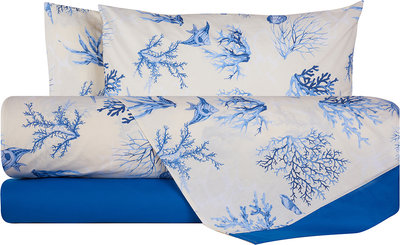 Biancheria Letto Completo Letto Cotone Coralli Blu Con Bordo Bluette/Bluette