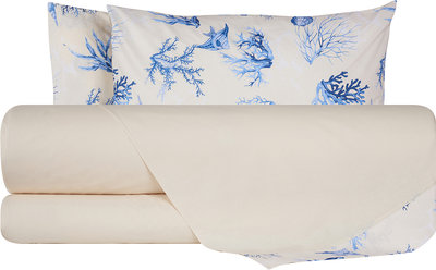 Biancheria Letto Completo Letto Cotone Panna Con Bordo 30cm Coralli Blu/Panna